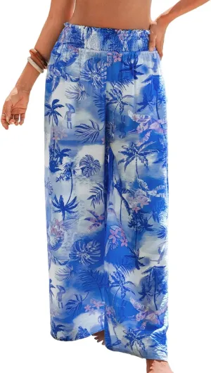 CUPSHE Womens Wide Leg Pants Elastic High Waisted Beach Trousers Cotton Linen Summer Palazzo