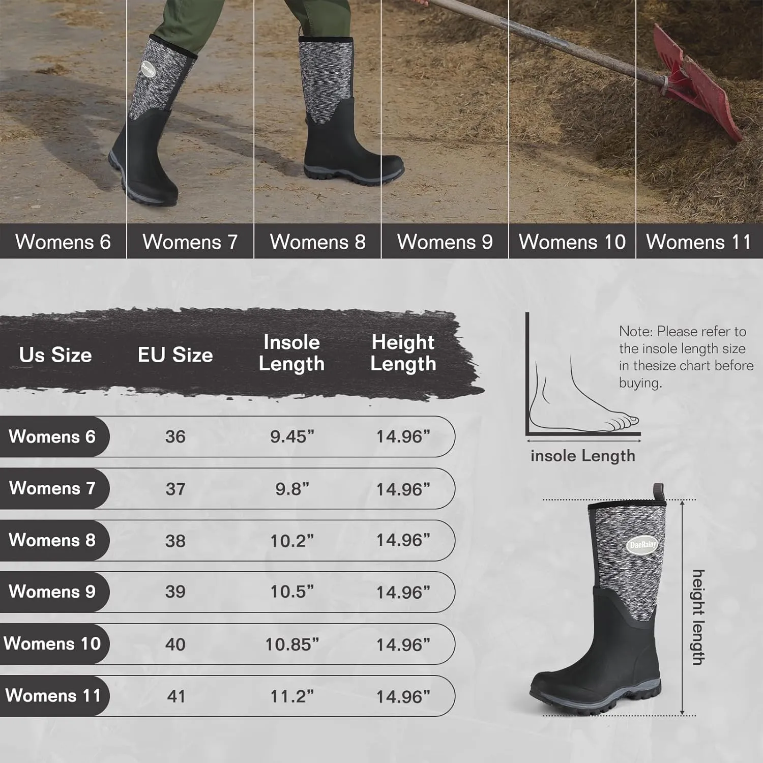 DaeRainy Rubber Rain Boots for Women Waterproof Boots Durable Neoprene Boots Insulated Mud Hunting Work Shoes for Outdoor Fsh Pond, Gradens,Hike,Farms