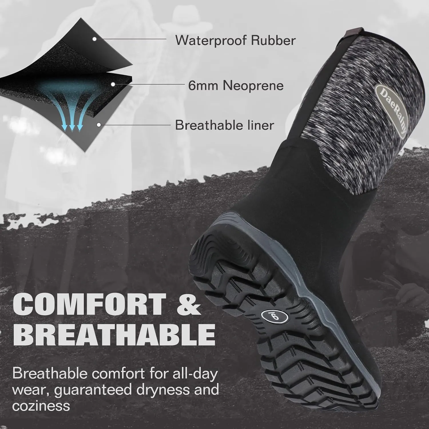 DaeRainy Rubber Rain Boots for Women Waterproof Boots Durable Neoprene Boots Insulated Mud Hunting Work Shoes for Outdoor Fsh Pond, Gradens,Hike,Farms