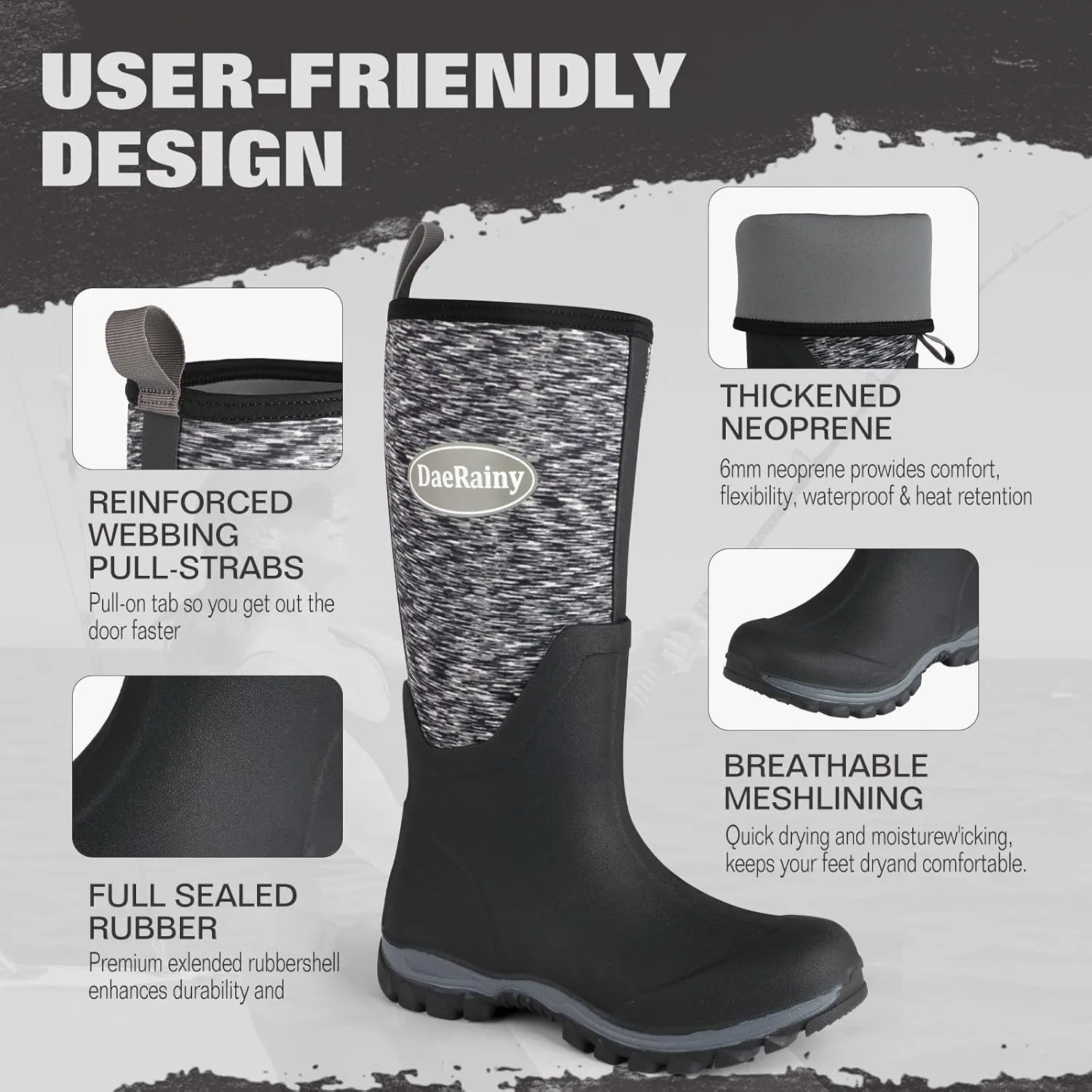 DaeRainy Rubber Rain Boots for Women Waterproof Boots Durable Neoprene Boots Insulated Mud Hunting Work Shoes for Outdoor Fsh Pond, Gradens,Hike,Farms