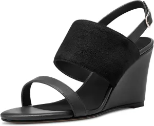 DearOnly Women High Wedge Heel Peep Open Toe Sandals Slingback Buckle Office Dress 3.9 Inches Heels