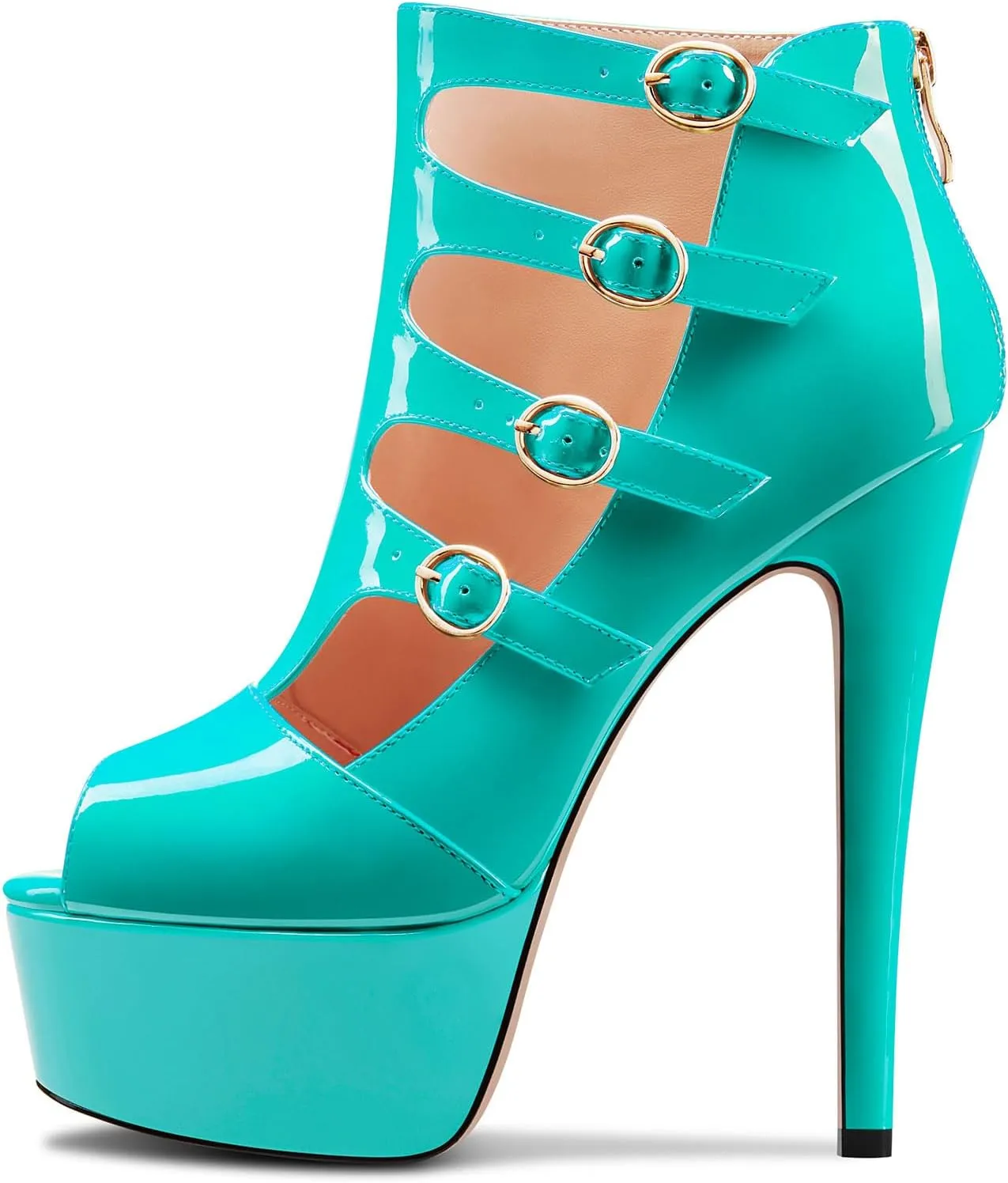 DearOnly Womens Platform Stiletto High Heel Peep Open Toe Sandals Zipper Buckle Wedding Dress Patent Leather 5.9 Inches Heels