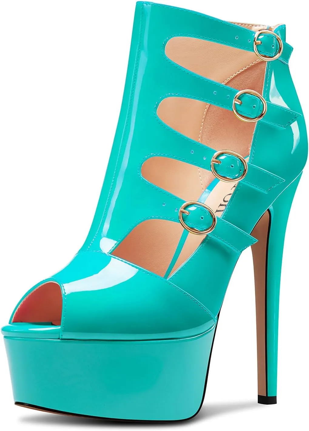 DearOnly Womens Platform Stiletto High Heel Peep Open Toe Sandals Zipper Buckle Wedding Dress Patent Leather 5.9 Inches Heels