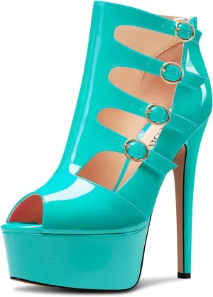 DearOnly Womens Platform Stiletto High Heel Peep Open Toe Sandals Zipper Buckle Wedding Dress Patent Leather 5.9 Inches Heels