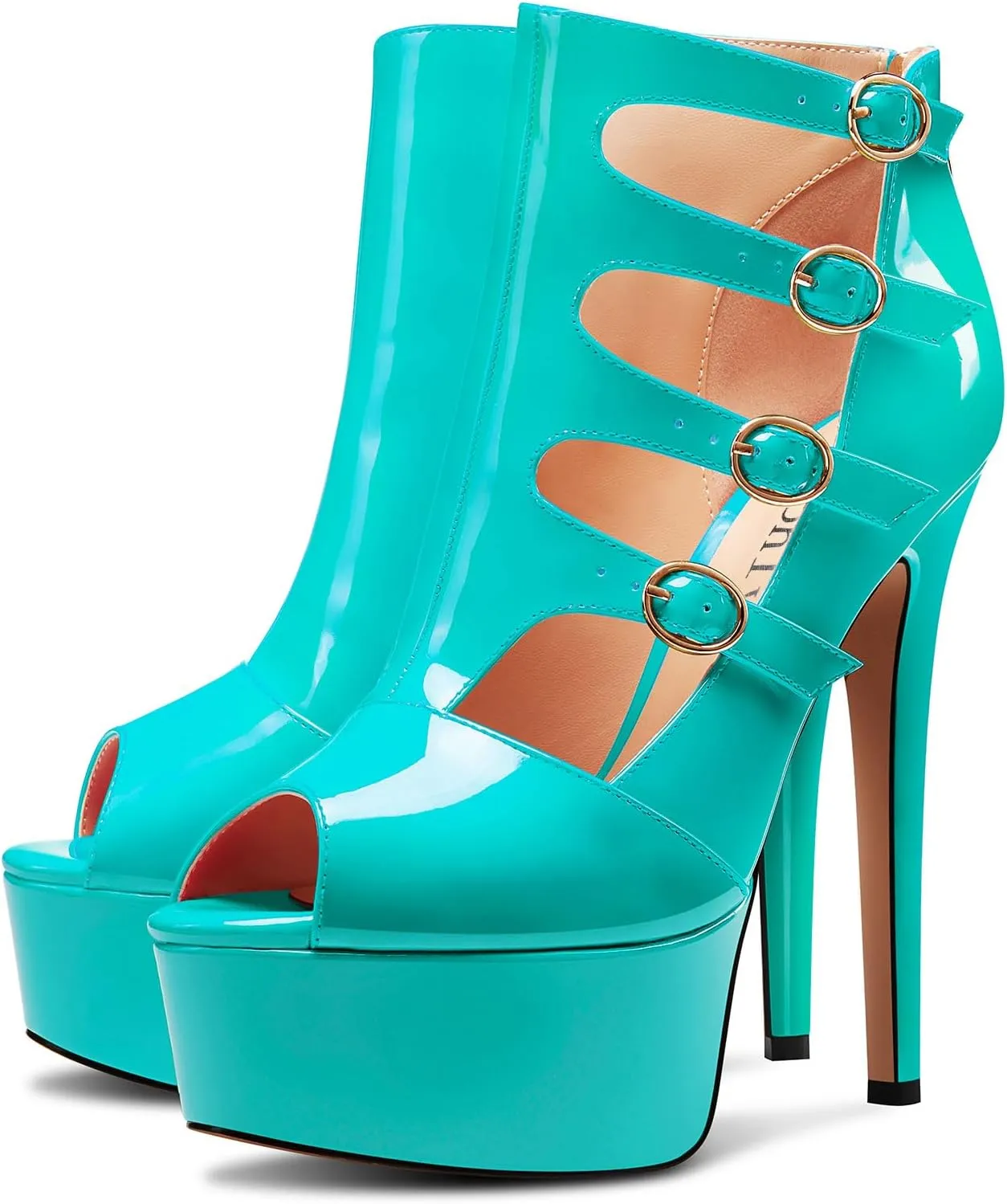 DearOnly Womens Platform Stiletto High Heel Peep Open Toe Sandals Zipper Buckle Wedding Dress Patent Leather 5.9 Inches Heels