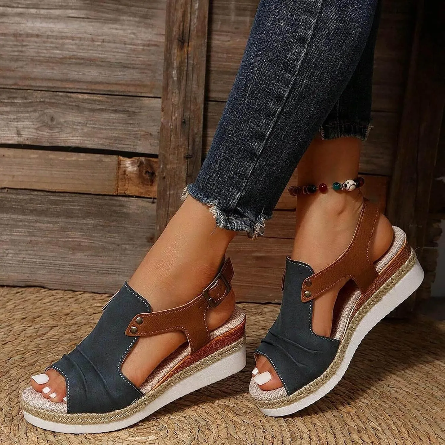Dheva-C Orthopedic Platform Wedge Sandals for Women Summer Dressy 2023 Flat Open Toe Ankle Strap Espadrilles Sandals Casual Strappy Slip on Sandals Beach Boho Sandals Comfortable Outdoor Shoes (3-Navy, 6.5)