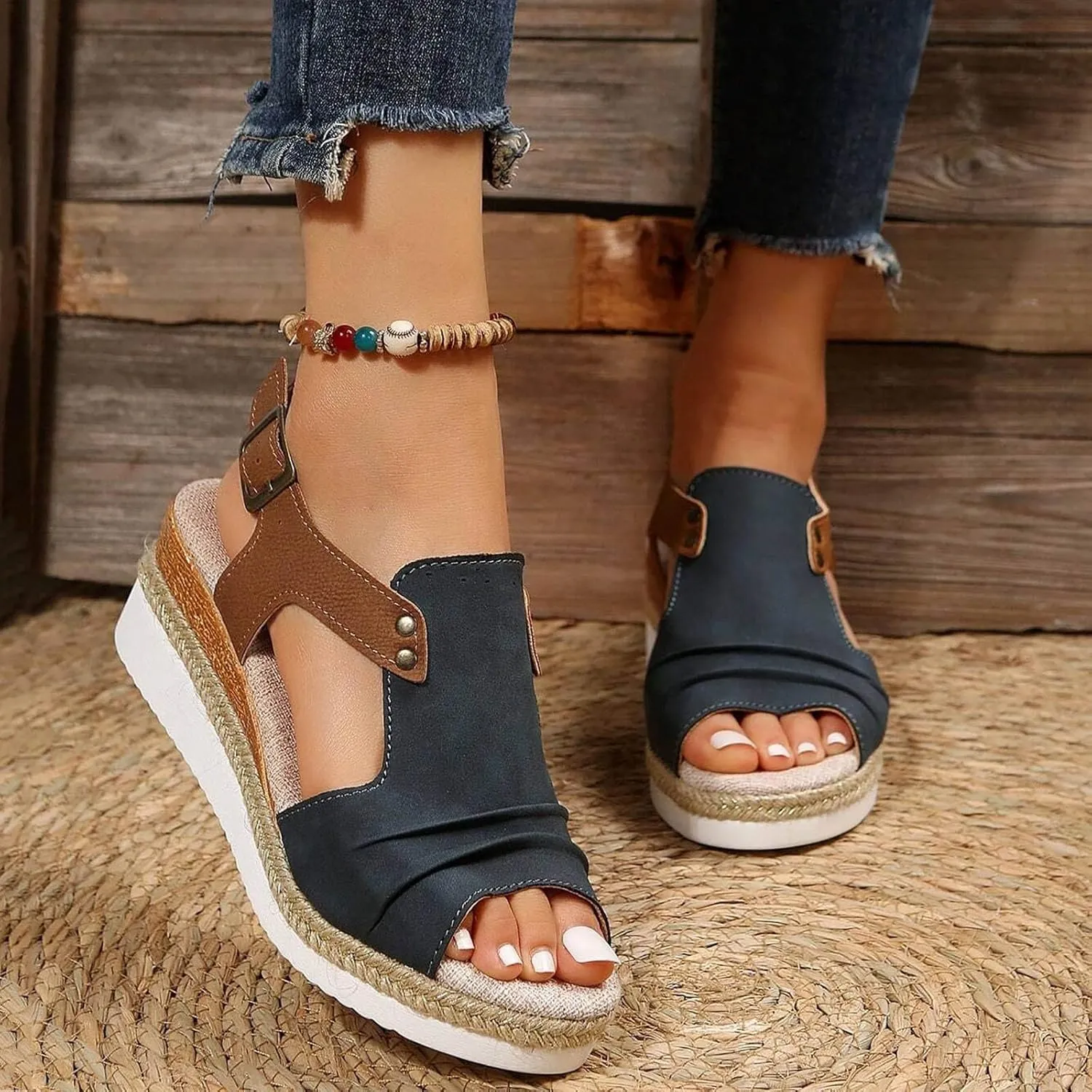 Dheva-C Orthopedic Platform Wedge Sandals for Women Summer Dressy 2023 Flat Open Toe Ankle Strap Espadrilles Sandals Casual Strappy Slip on Sandals Beach Boho Sandals Comfortable Outdoor Shoes (3-Navy, 6.5)