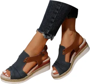 Dheva-C Orthopedic Platform Wedge Sandals for Women Summer Dressy 2023 Flat Open Toe Ankle Strap Espadrilles Sandals Casual Strappy Slip on Sandals Beach Boho Sandals Comfortable Outdoor Shoes (3-Navy, 6.5)