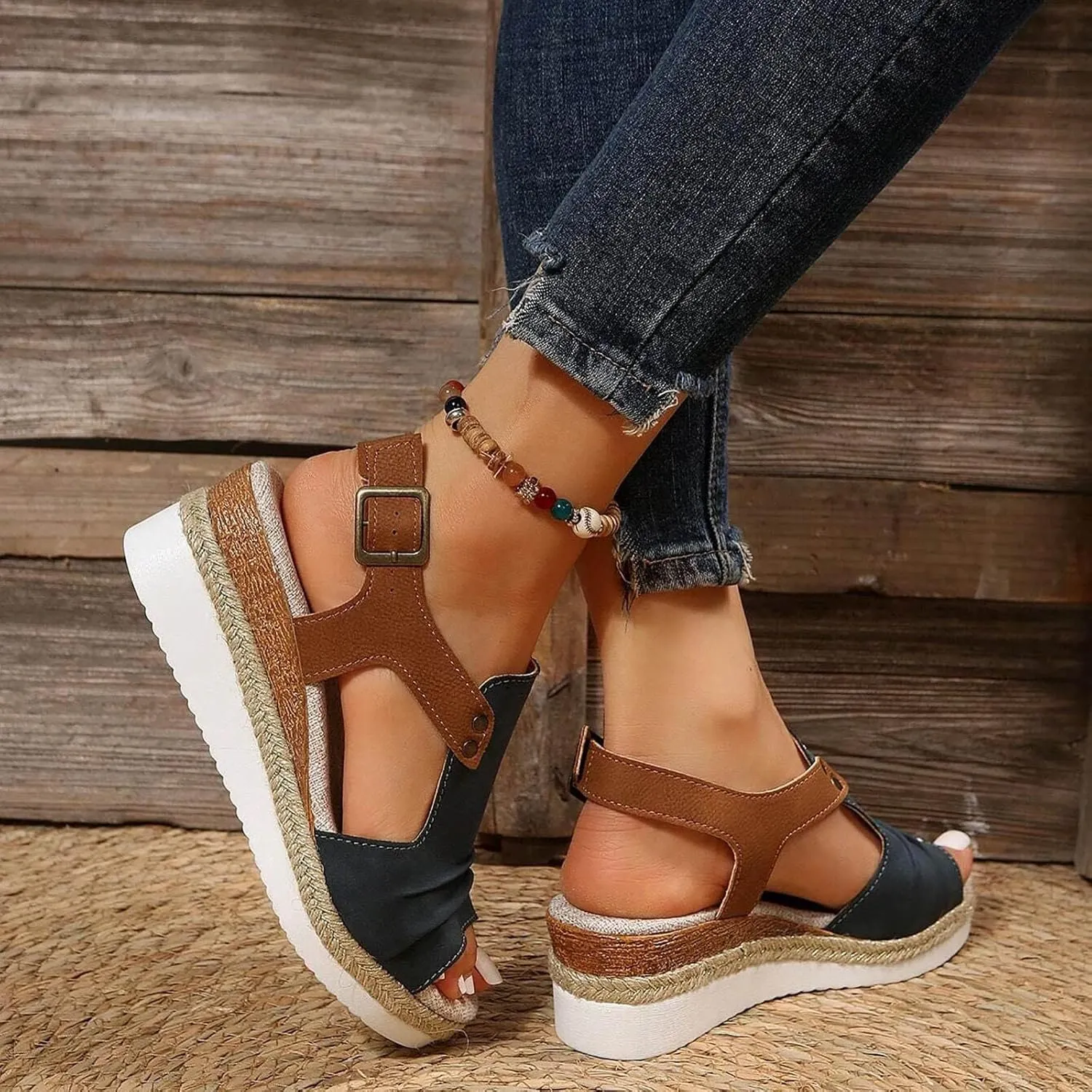 Dheva-C Orthopedic Platform Wedge Sandals for Women Summer Dressy 2023 Flat Open Toe Ankle Strap Espadrilles Sandals Casual Strappy Slip on Sandals Beach Boho Sandals Comfortable Outdoor Shoes (3-Navy, 6.5)