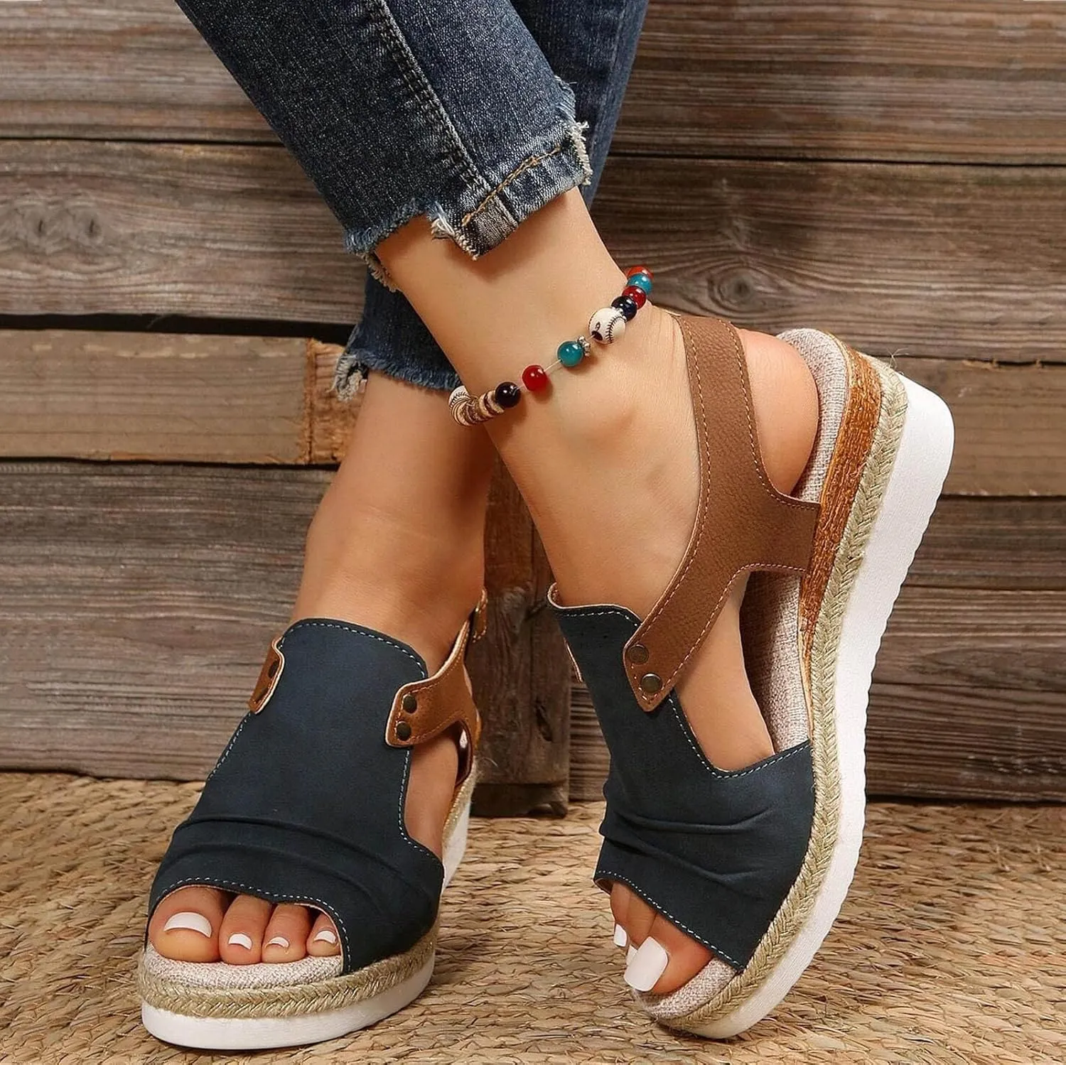 Dheva-C Orthopedic Platform Wedge Sandals for Women Summer Dressy 2023 Flat Open Toe Ankle Strap Espadrilles Sandals Casual Strappy Slip on Sandals Beach Boho Sandals Comfortable Outdoor Shoes (3-Navy, 6.5)