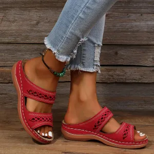 Dheva-C Orthopedic Sandals for Women Slip on, Women Walking Slippers Open Toe Hollow Out Sandals with Arch Support Anti-Slip Comfortable Fashion Sandals (Red, 6)