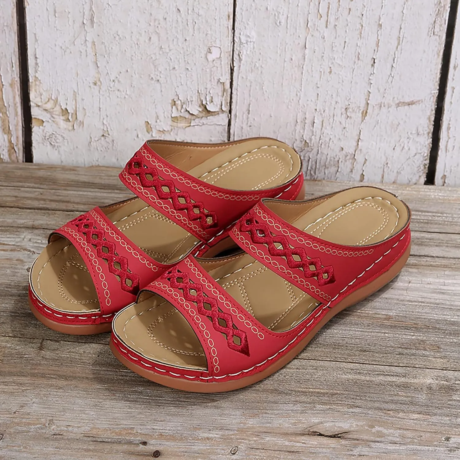 Dheva-C Orthopedic Sandals for Women Slip on, Women Walking Slippers Open Toe Hollow Out Sandals with Arch Support Anti-Slip Comfortable Fashion Sandals (Red, 6)