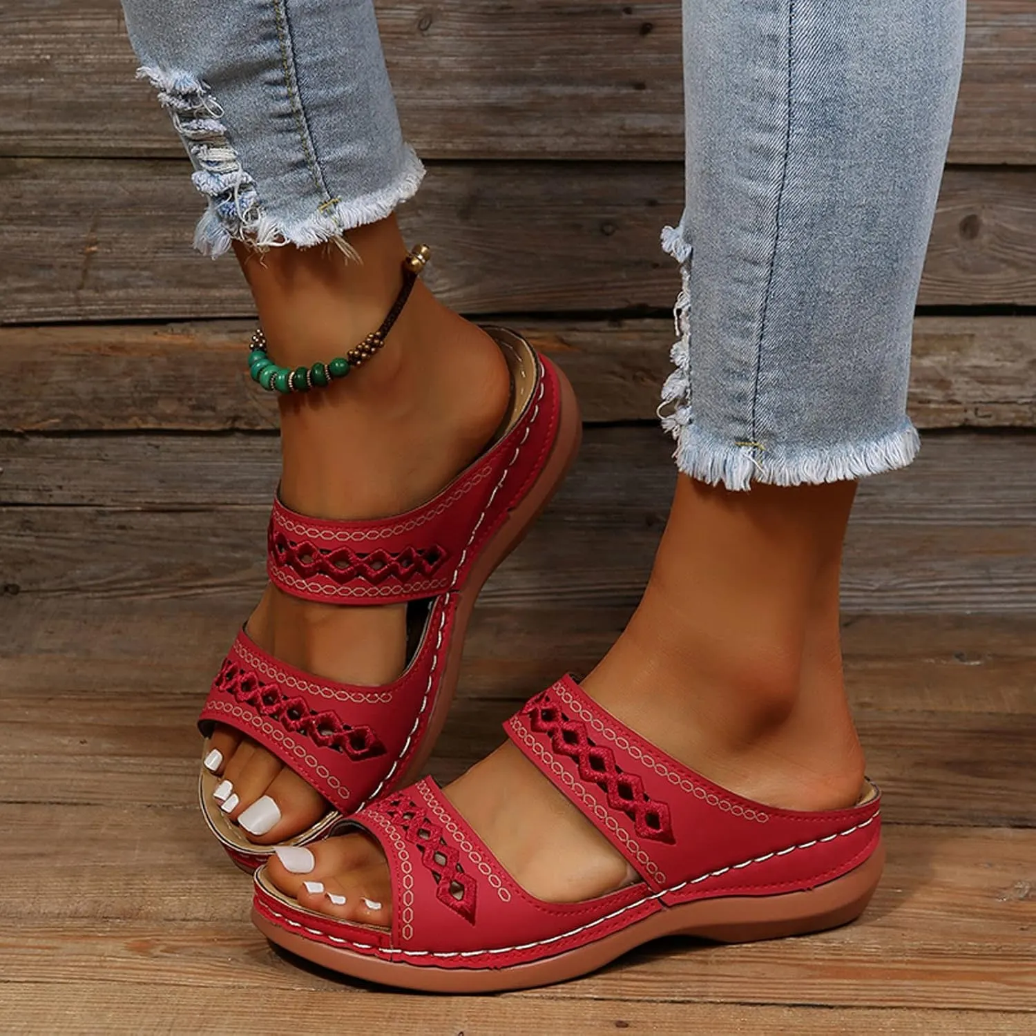 Dheva-C Orthopedic Sandals for Women Slip on, Women Walking Slippers Open Toe Hollow Out Sandals with Arch Support Anti-Slip Comfortable Fashion Sandals (Red, 6)