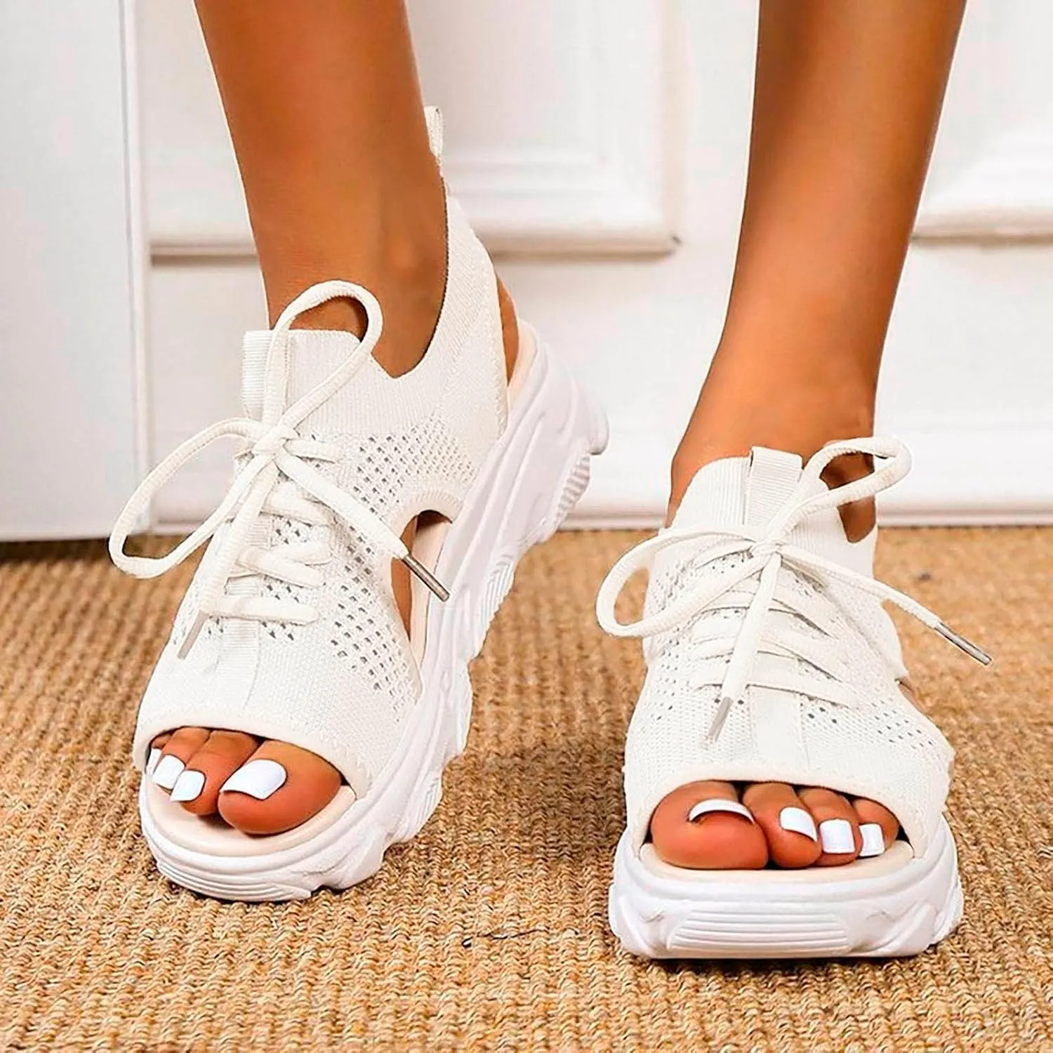 Dheva-C Orthopedic Wedge Sandals for Women Summer Dressy Women Sandals Mesh Casual Thick Soled Lace Up Sandals Open Toe Beach Shoes Platform Ankle Strap Comfortable Outdoor Shoes (White, 9)