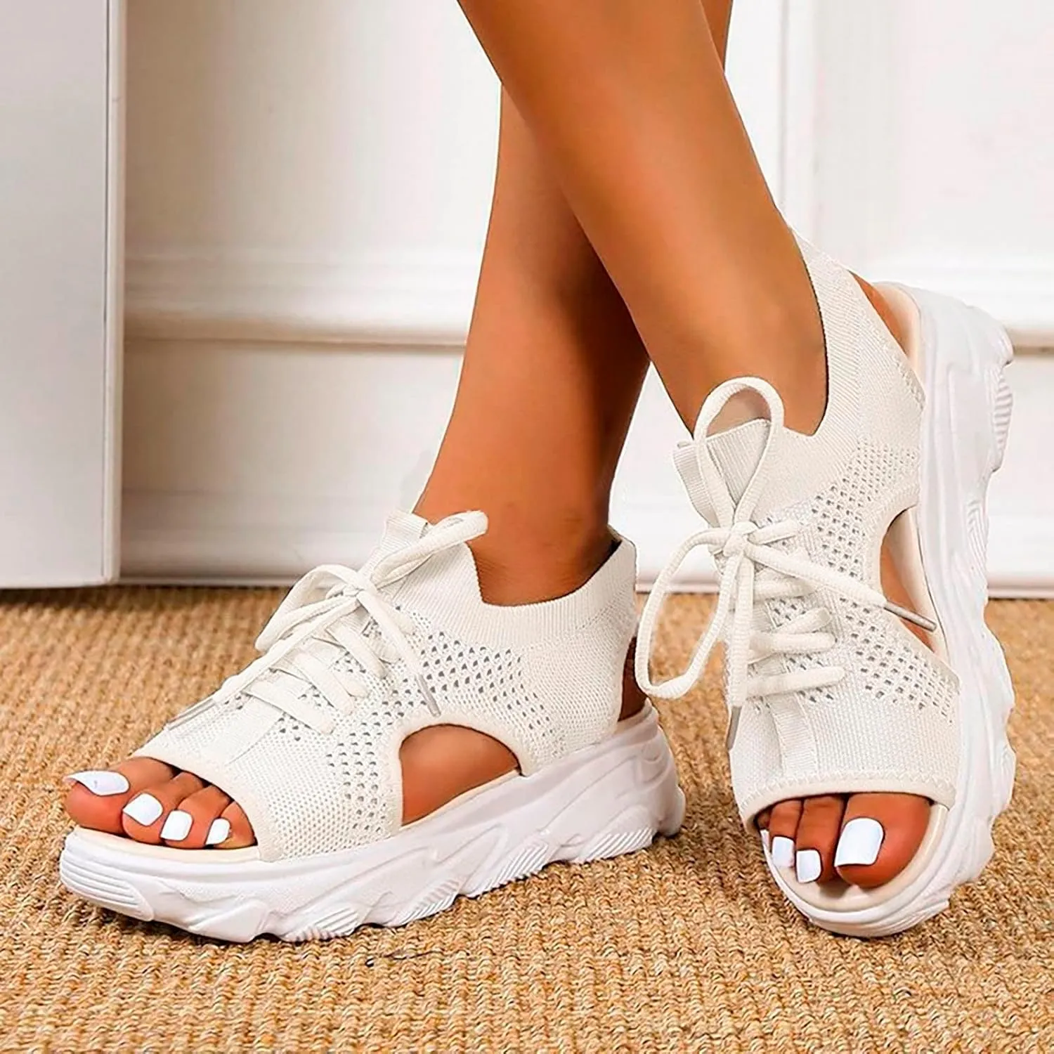Dheva-C Orthopedic Wedge Sandals for Women Summer Dressy Women Sandals Mesh Casual Thick Soled Lace Up Sandals Open Toe Beach Shoes Platform Ankle Strap Comfortable Outdoor Shoes (White, 9)