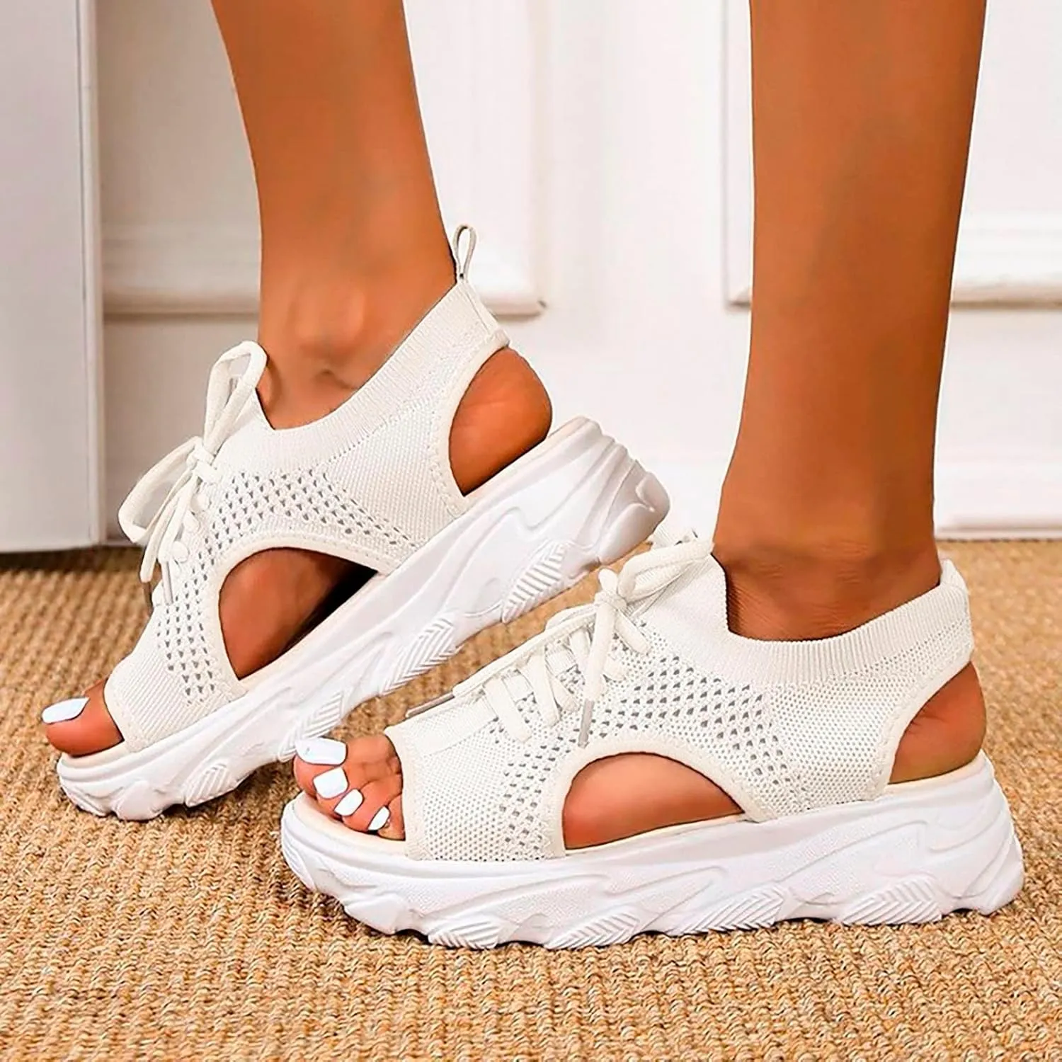 Dheva-C Orthopedic Wedge Sandals for Women Summer Dressy Women Sandals Mesh Casual Thick Soled Lace Up Sandals Open Toe Beach Shoes Platform Ankle Strap Comfortable Outdoor Shoes (White, 9)