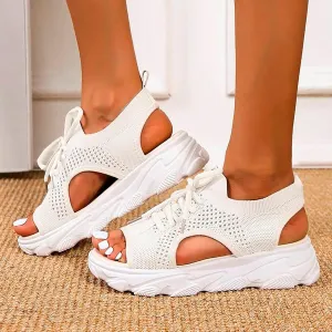 Dheva-C Orthopedic Wedge Sandals for Women Summer Dressy Women Sandals Mesh Casual Thick Soled Lace Up Sandals Open Toe Beach Shoes Platform Ankle Strap Comfortable Outdoor Shoes (White, 9)