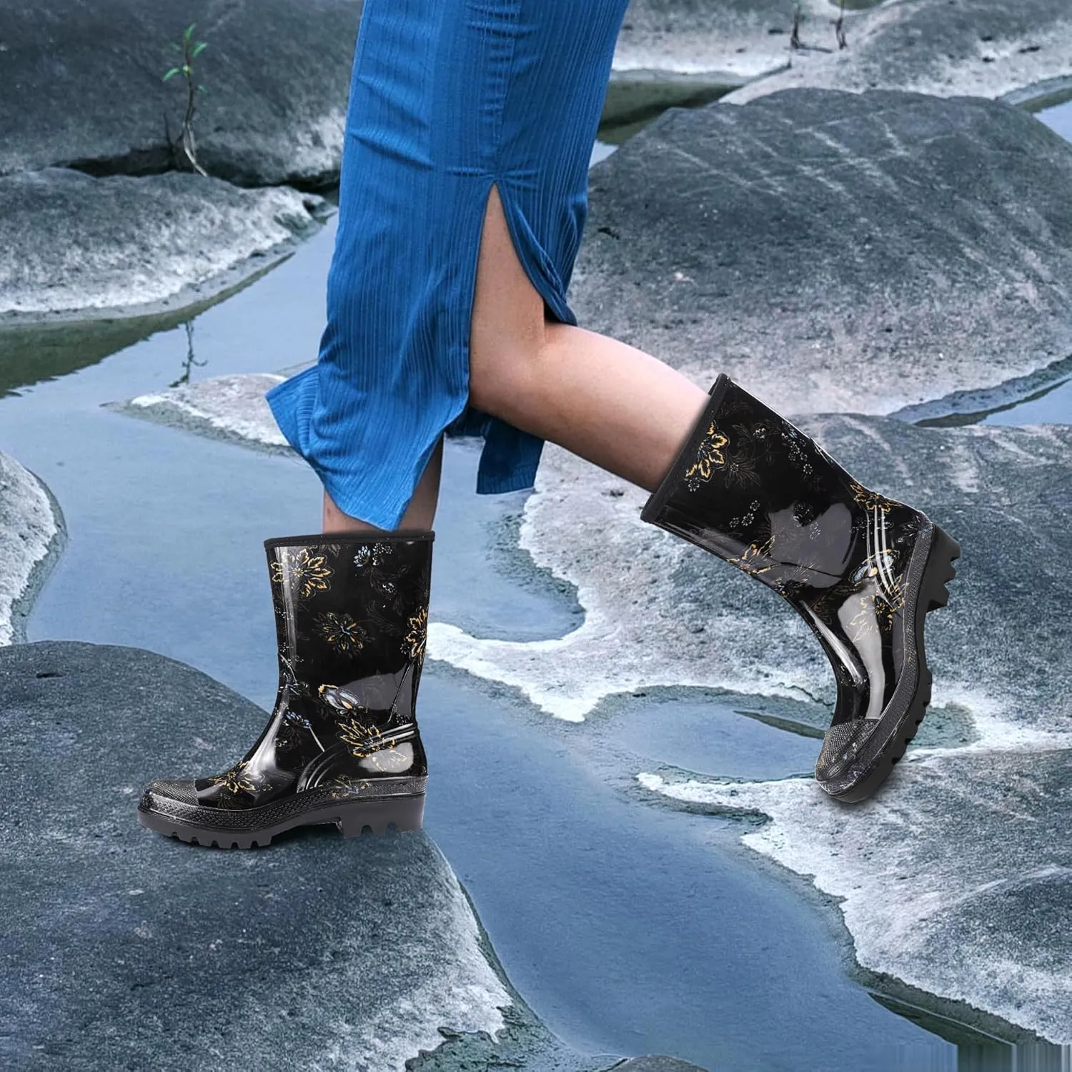 DKSUKO Waterproof Womens Rain Boots insulated,Lightweight Rubber fashion Boots in Gardening,Warm and Comfortable Wide Calf Rain Boots with Glossy in Outdoor