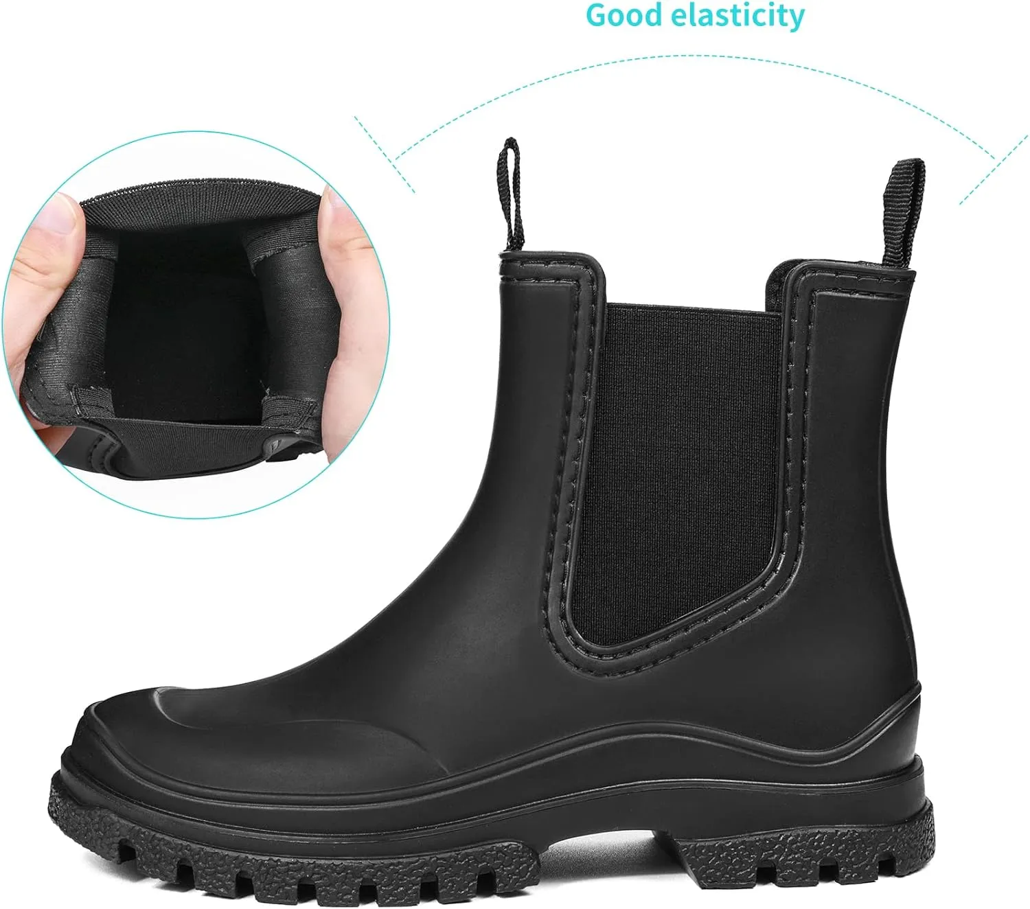 DKSUKO Women's Short Rain Boots Rubber Waterproof Garden Boots Elastic Slip On Ankle Chelsea Boot Fashion Insulated Rain Shoe for Outdoor Work Thick Sole