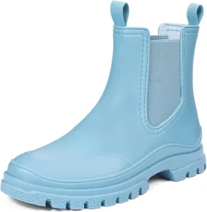 DKSUKO Women's Short Rain Boots Rubber Waterproof Garden Boots Elastic Slip On Ankle Chelsea Boot Fashion Insulated Rain Shoe for Outdoor Work Thick Sole