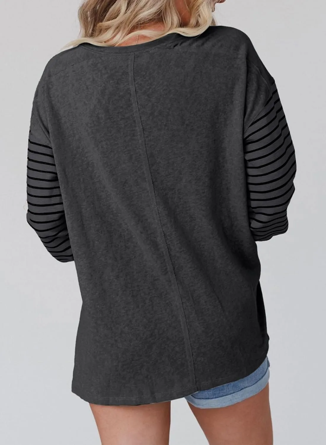 Dokotoo Long Sleeve Spring Tops Oversized 2025 Trendy Round Crew Neck Casual Color Block Womens Shirts Blouses