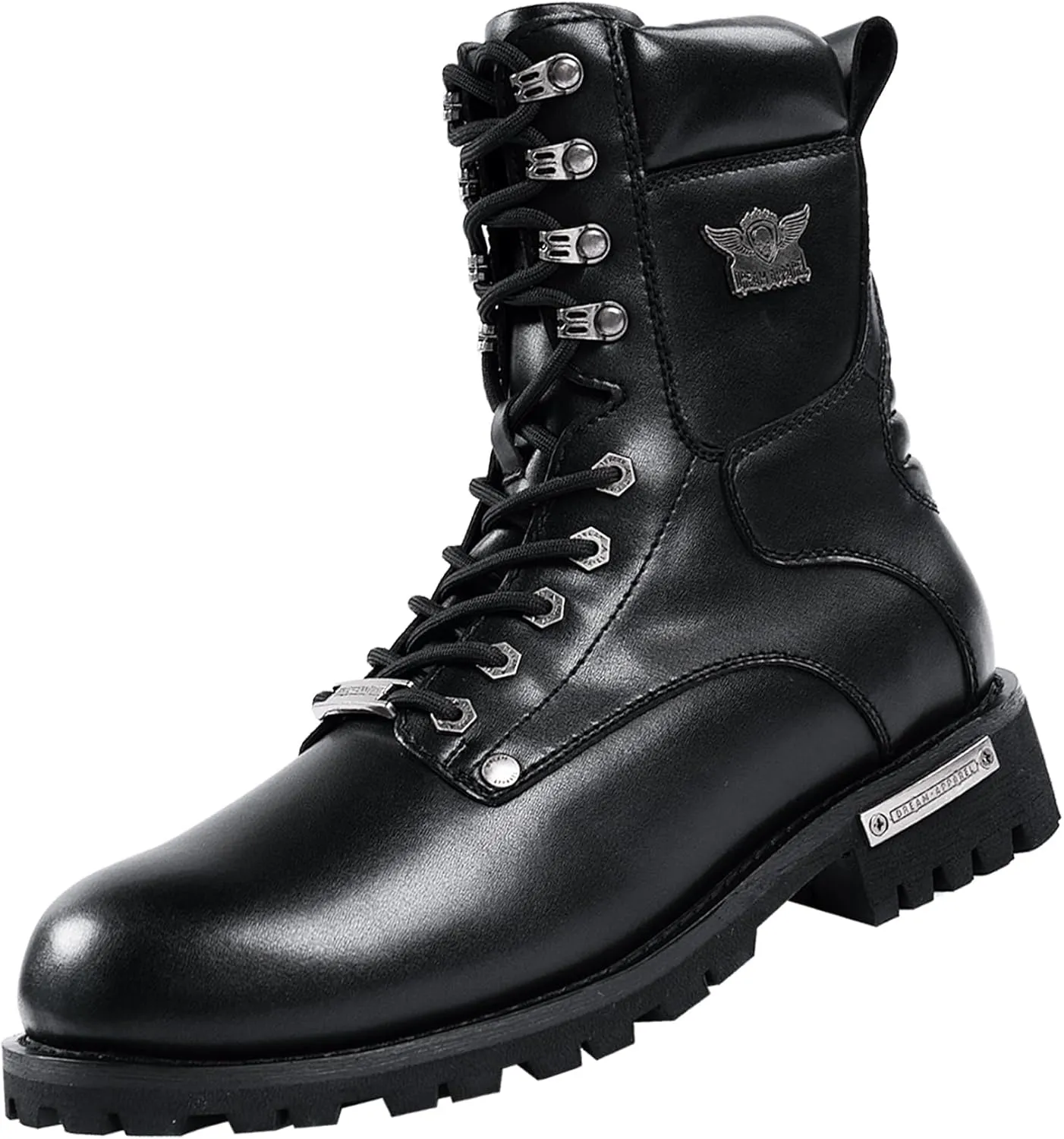 Dream Apparel Mens Motorcycle Boots for Riding Biker with Side Zipper, Waterproof Black Faux Leather Biker Boots Ankle Booties, Lace Up Military Combat Boots with Low Heel
