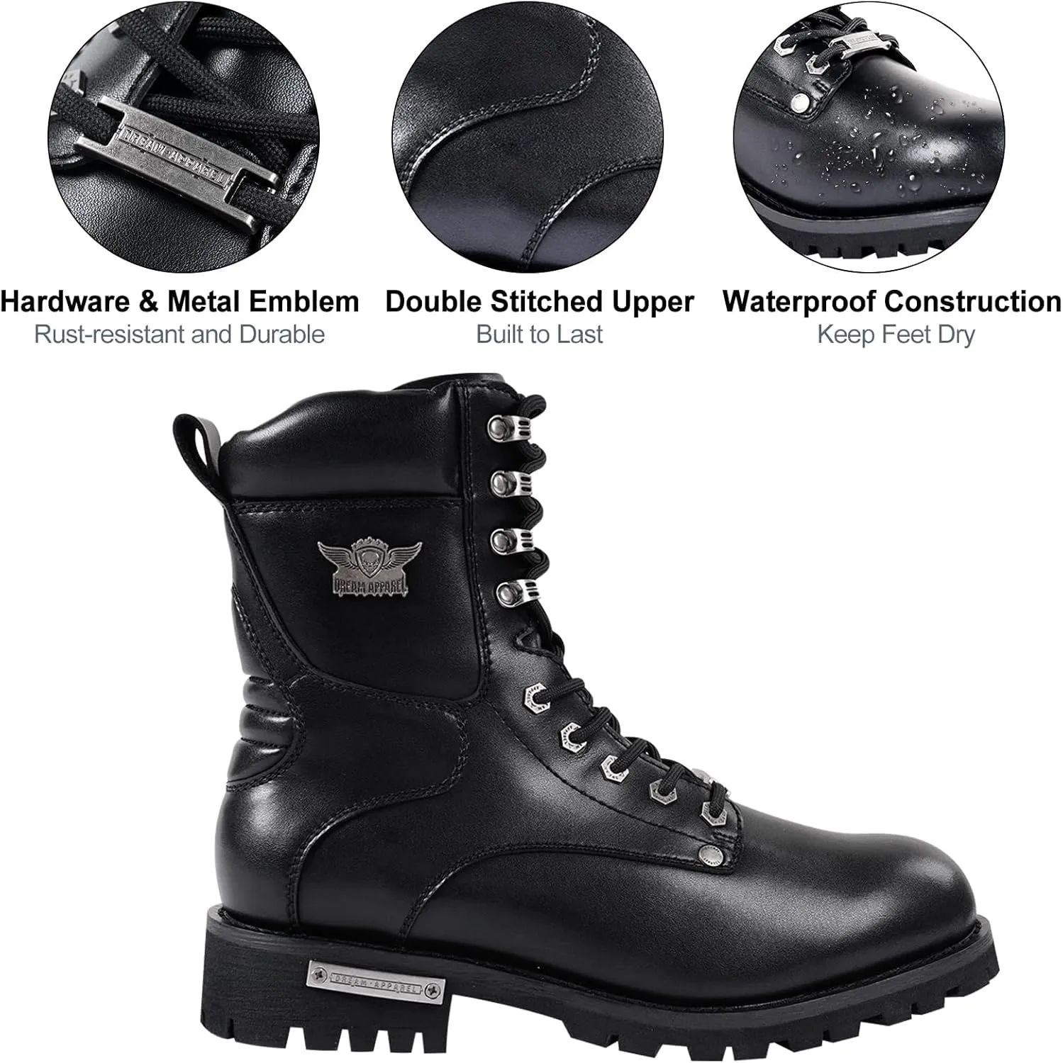 Dream Apparel Mens Motorcycle Boots for Riding Biker with Side Zipper, Waterproof Black Faux Leather Biker Boots Ankle Booties, Lace Up Military Combat Boots with Low Heel
