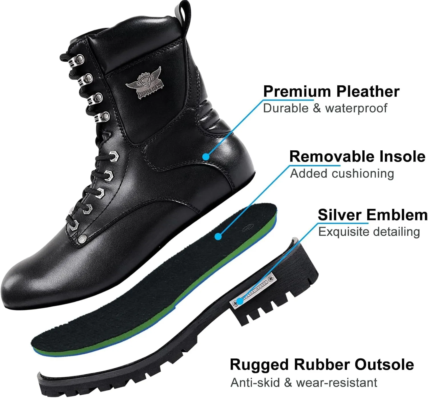 Dream Apparel Mens Motorcycle Boots for Riding Biker with Side Zipper, Waterproof Black Faux Leather Biker Boots Ankle Booties, Lace Up Military Combat Boots with Low Heel