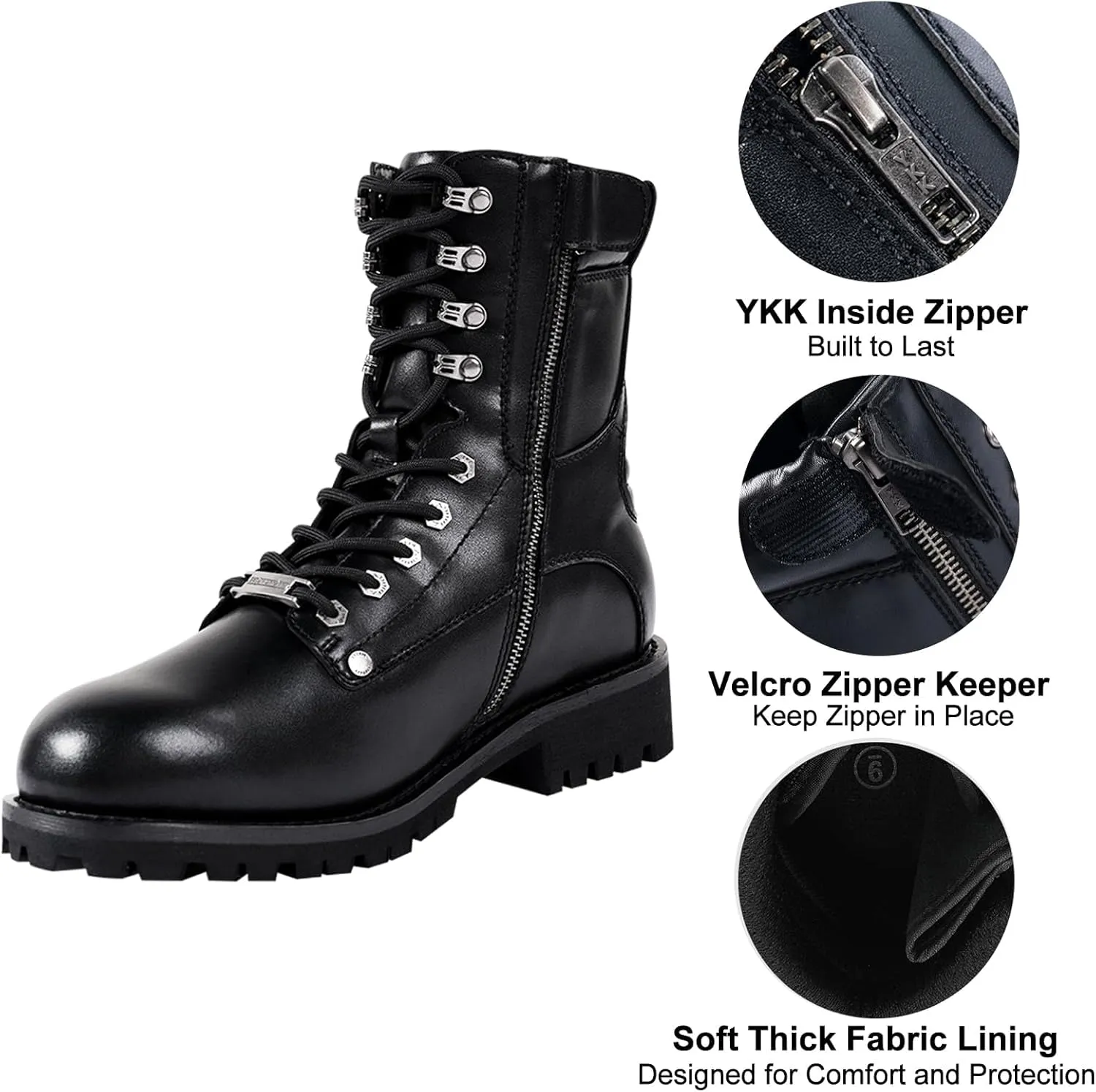Dream Apparel Mens Motorcycle Boots for Riding Biker with Side Zipper, Waterproof Black Faux Leather Biker Boots Ankle Booties, Lace Up Military Combat Boots with Low Heel