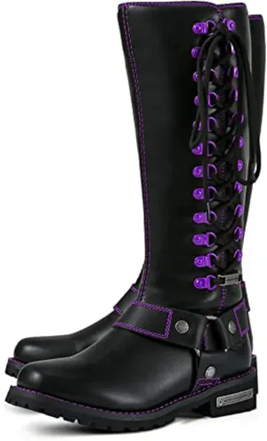 Dream Apparel Women's Harness Motorcycle Riding Boots Square Toe Biker Boots, Lace Up Knee High Boots with Side Zipper, Black PU Leather Boots Ladies