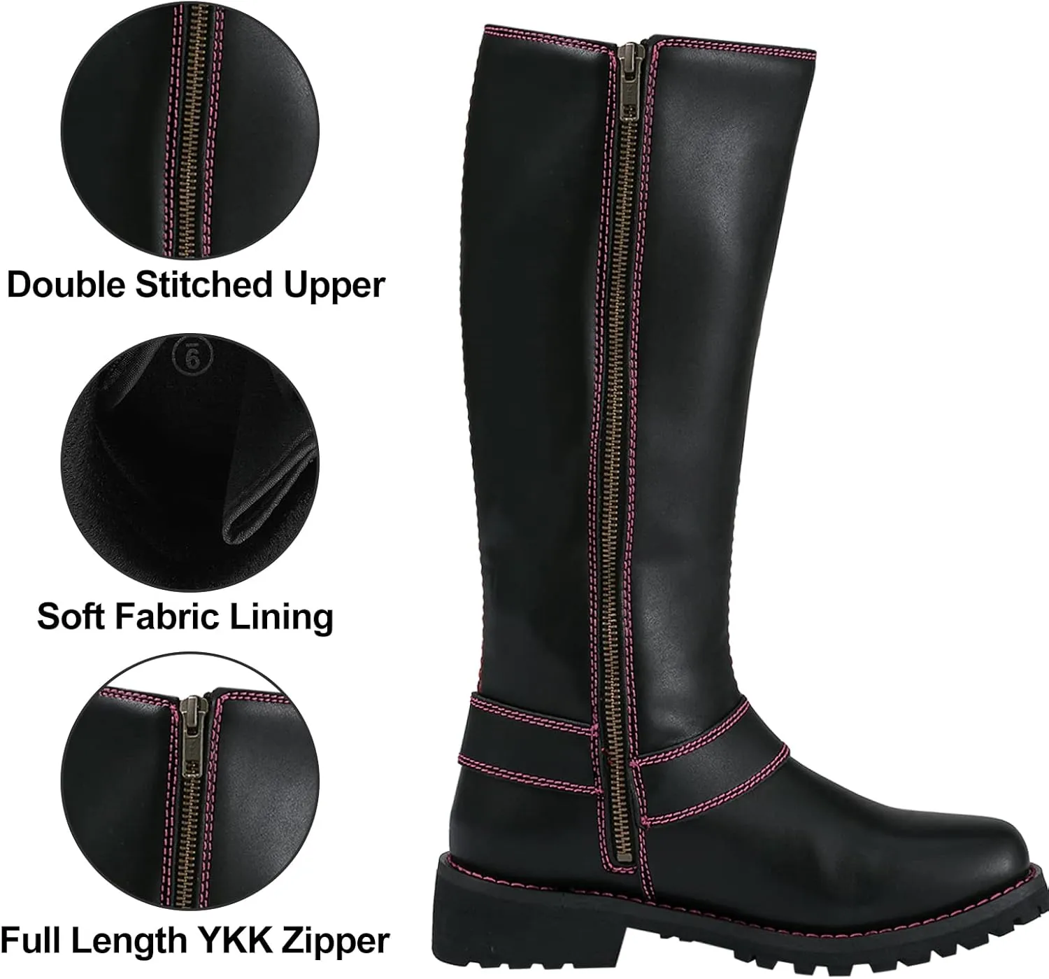 Dream Apparel Women's Harness Motorcycle Riding Boots Square Toe Biker Boots, Lace Up Knee High Boots with Side Zipper, Black PU Leather Boots Ladies