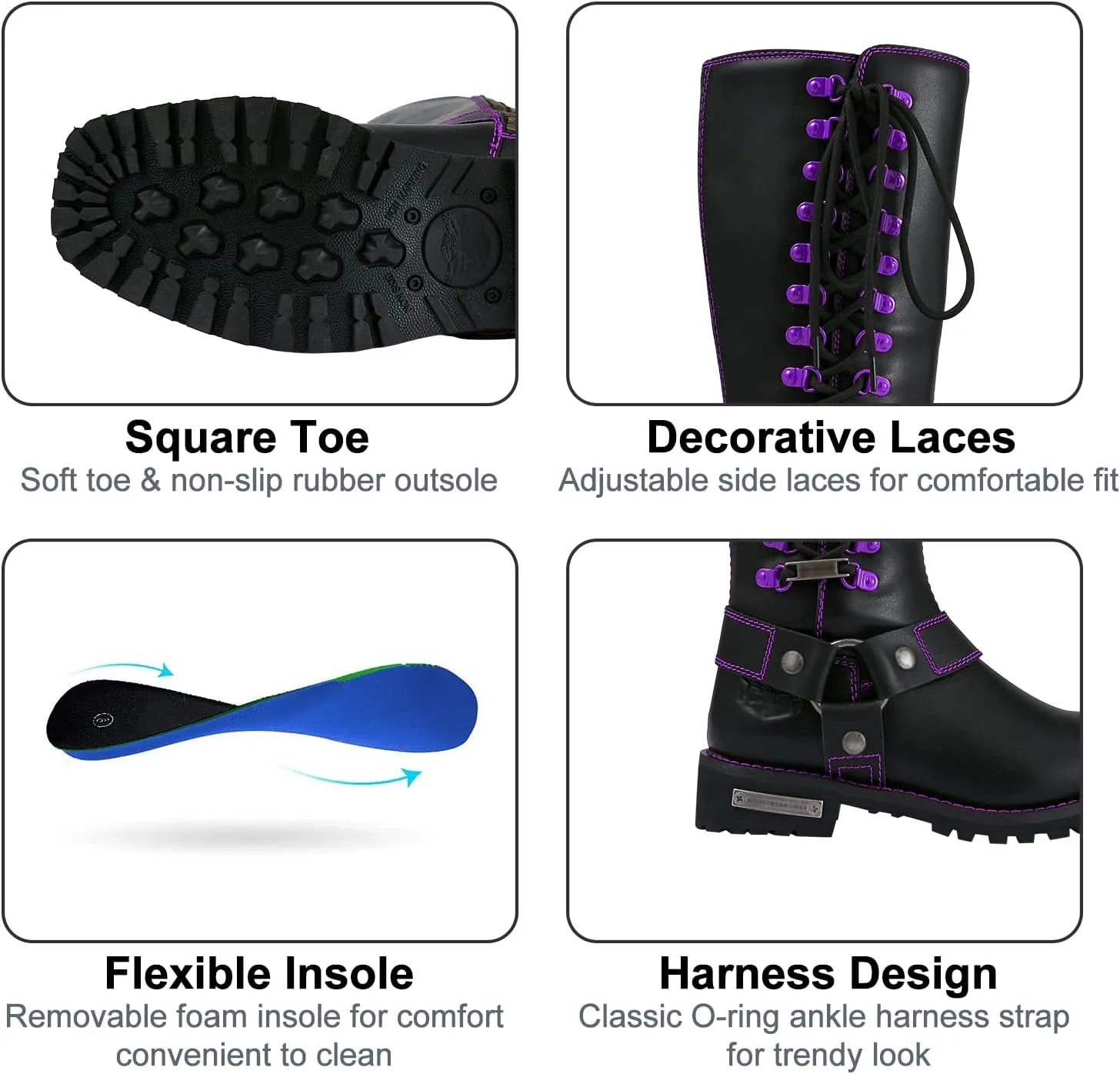 Dream Apparel Women's Harness Motorcycle Riding Boots Square Toe Biker Boots, Lace Up Knee High Boots with Side Zipper, Black PU Leather Boots Ladies