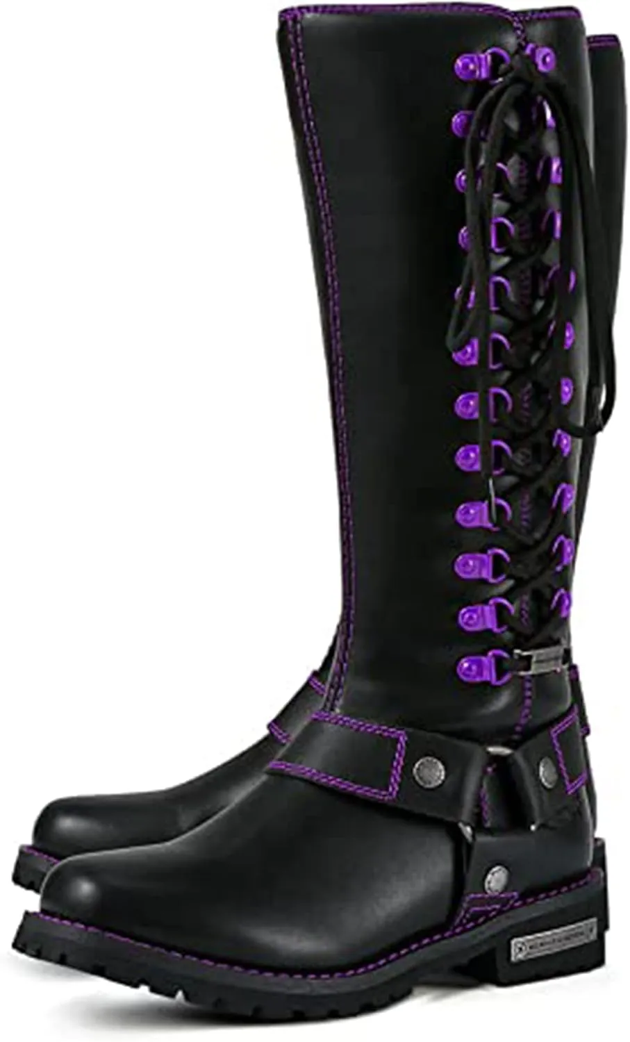 Dream Apparel Women's Harness Motorcycle Riding Boots Square Toe Biker Boots, Lace Up Knee High Boots with Side Zipper, Black PU Leather Boots Ladies