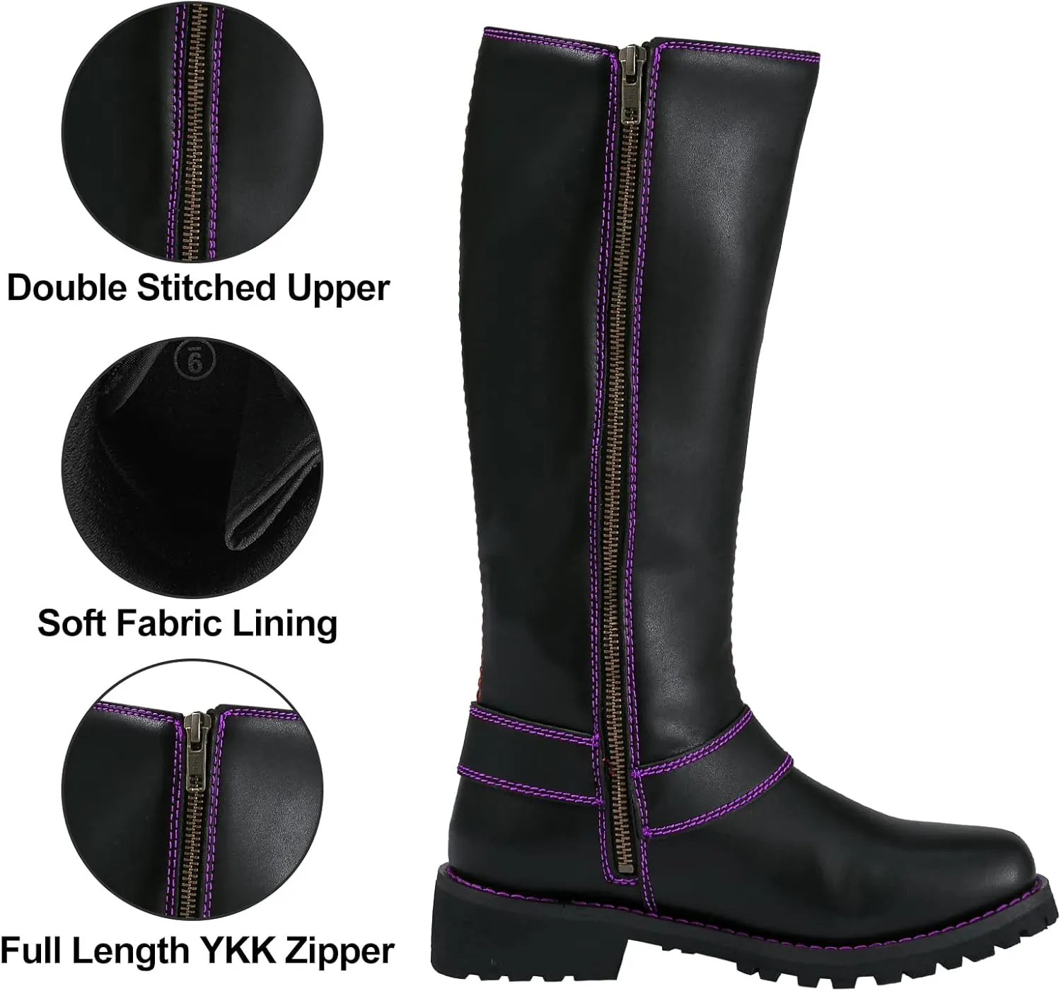 Dream Apparel Women's Harness Motorcycle Riding Boots Square Toe Biker Boots, Lace Up Knee High Boots with Side Zipper, Black PU Leather Boots Ladies