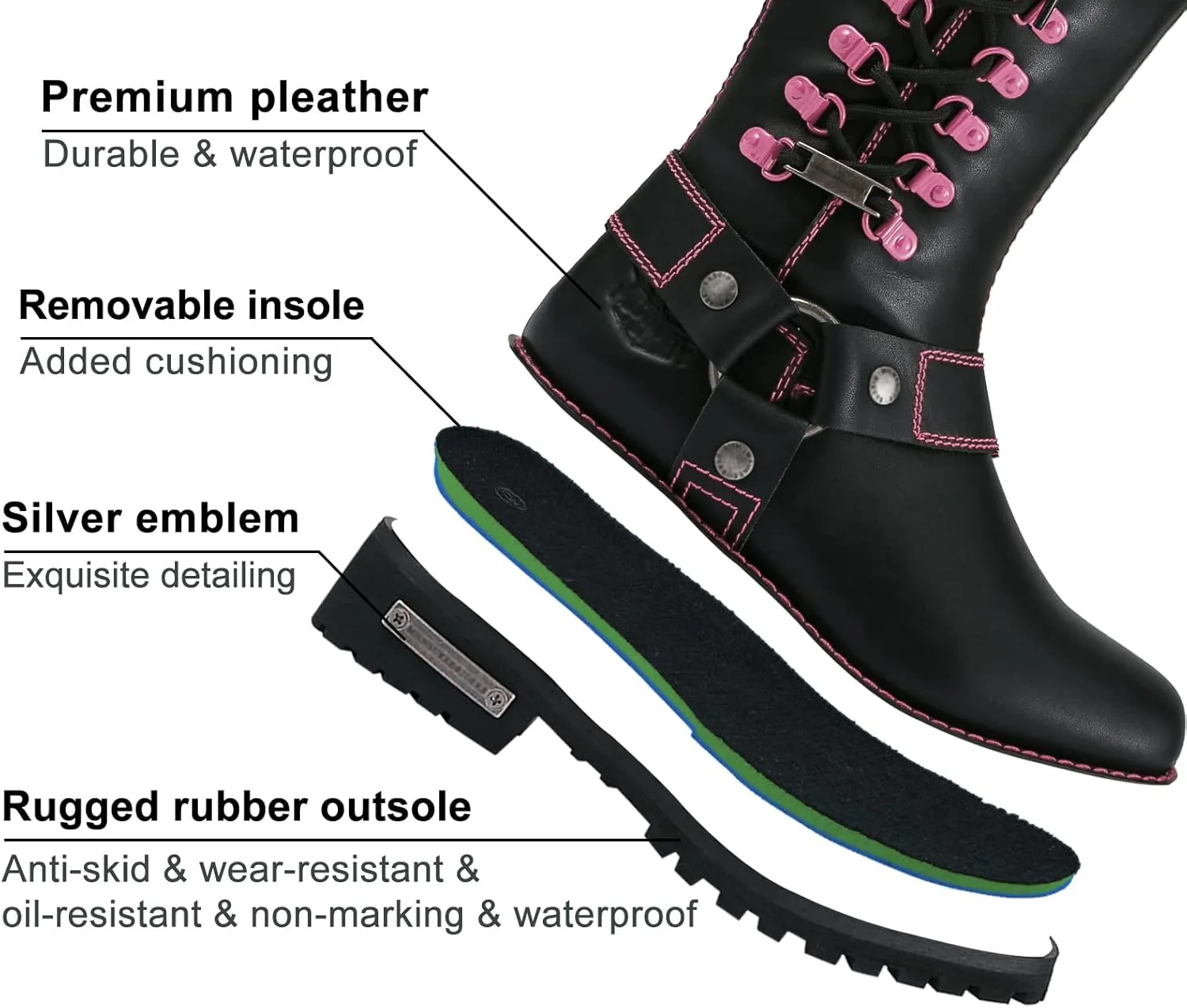 Dream Apparel Women's Harness Motorcycle Riding Boots Square Toe Biker Boots, Lace Up Knee High Boots with Side Zipper, Black PU Leather Boots Ladies