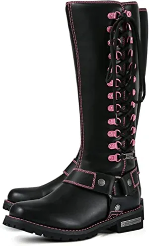 Dream Apparel Women's Harness Motorcycle Riding Boots Square Toe Biker Boots, Lace Up Knee High Boots with Side Zipper, Black PU Leather Boots Ladies