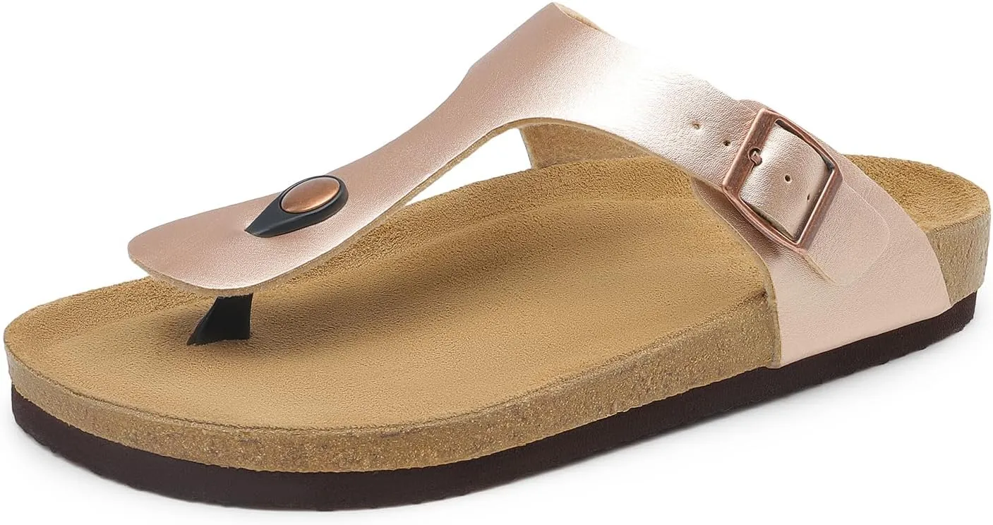 DREAM PAIRS Arch Support Thong Sandals for Women Casual Leather Flip Flops Dressy Slides with Soft Cork Footbed Adjustable Strap for Summer Beach Vacation