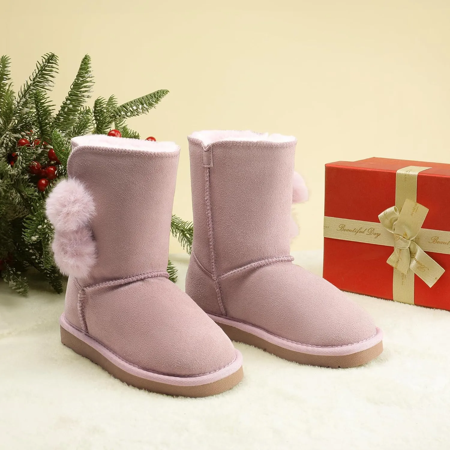 DREAM PAIRS Girls Boots Kids Boys Winter Snow Suede Mid Calf Boots Faux Fur Lined FuzzyChic Kid's Lolly for Little Kid/Big Kid
