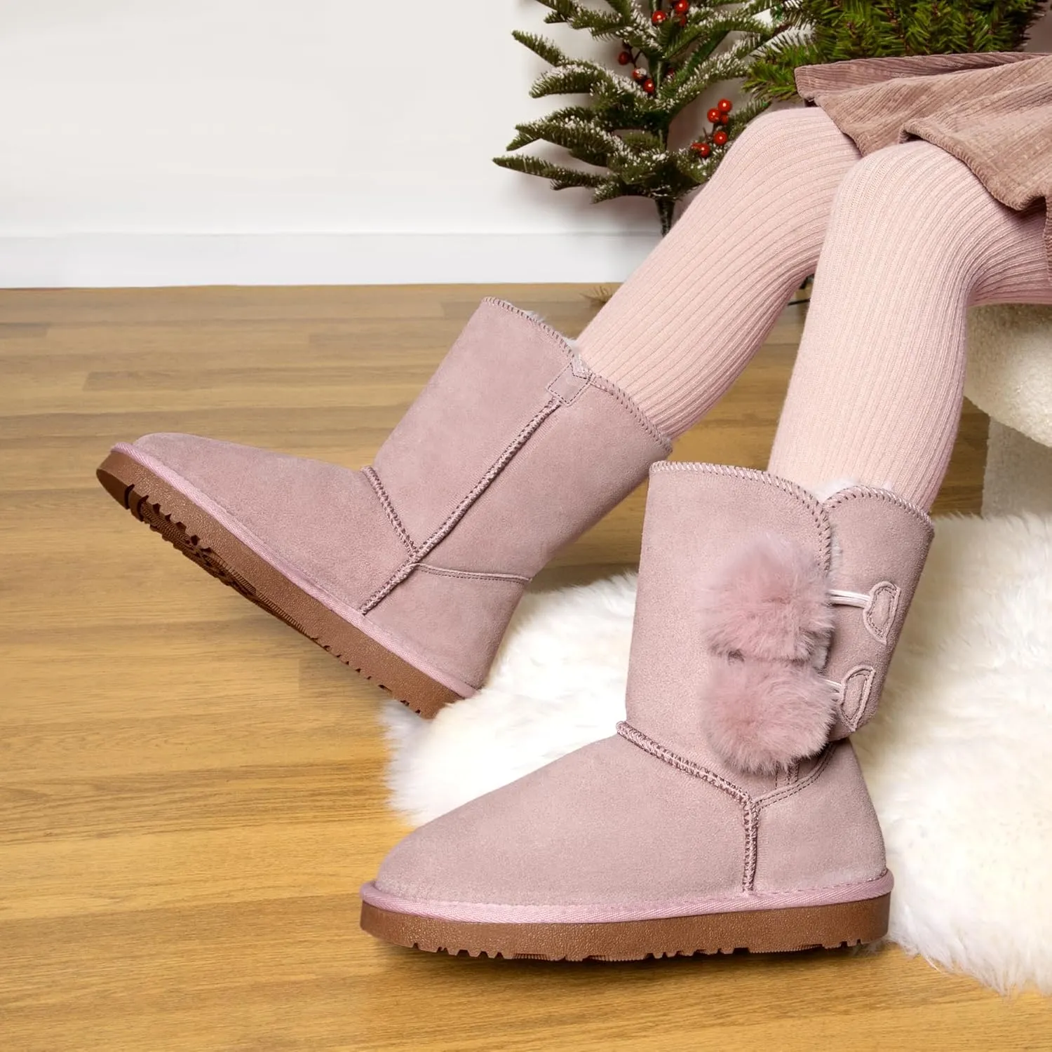 DREAM PAIRS Girls Boots Kids Boys Winter Snow Suede Mid Calf Boots Faux Fur Lined FuzzyChic Kid's Lolly for Little Kid/Big Kid