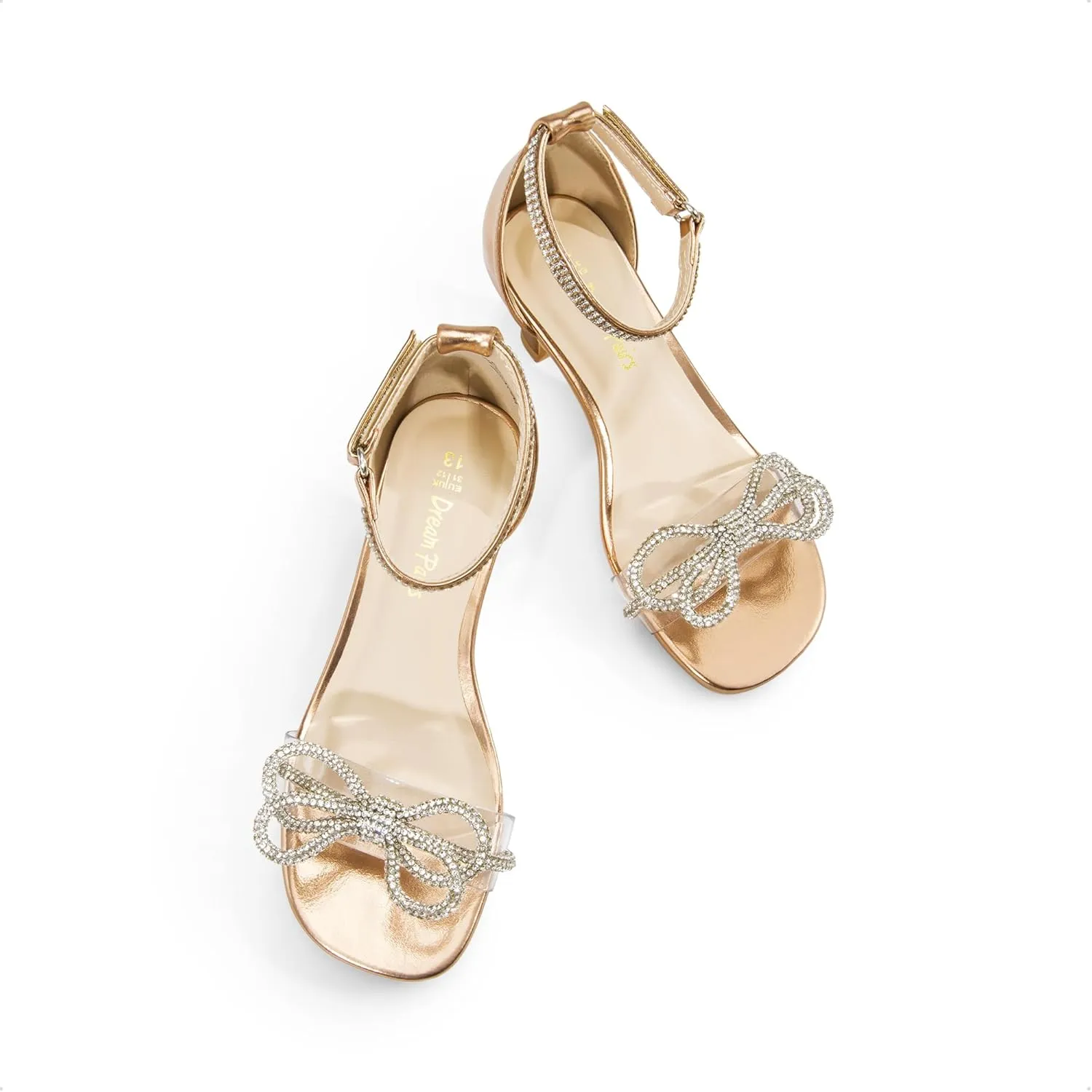 DREAM PAIRS Girls Sandals Ankle Strap Square Toe Low Heel Bow Flower Dress Shoes
