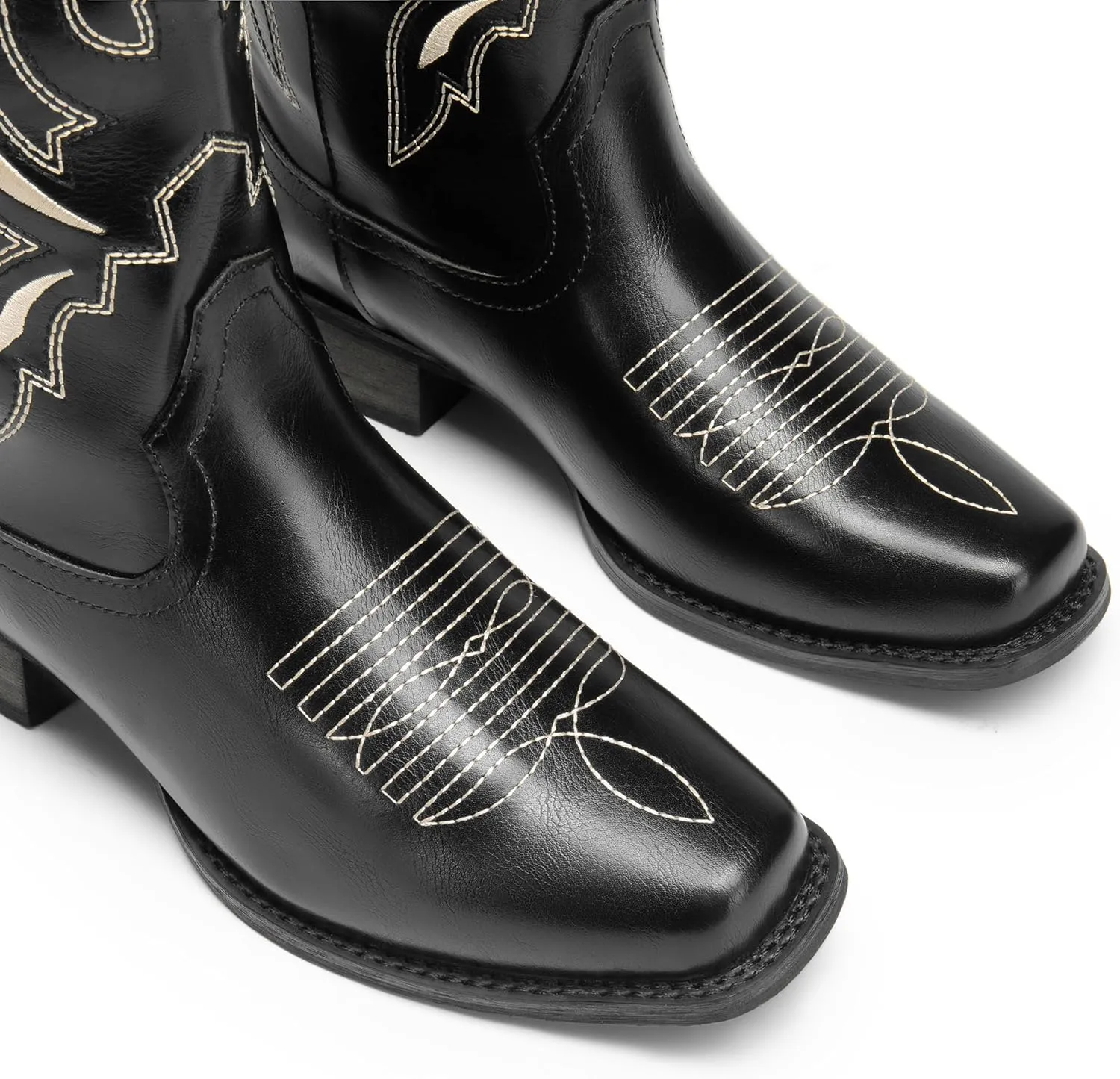 DREAM PAIRS Women's Square Toe Cowboy Cowgirl Boots Pull On Low Chunky Heel Mid Calf Western Boots with Embroidered Stitched for Theme Party Country Concert
