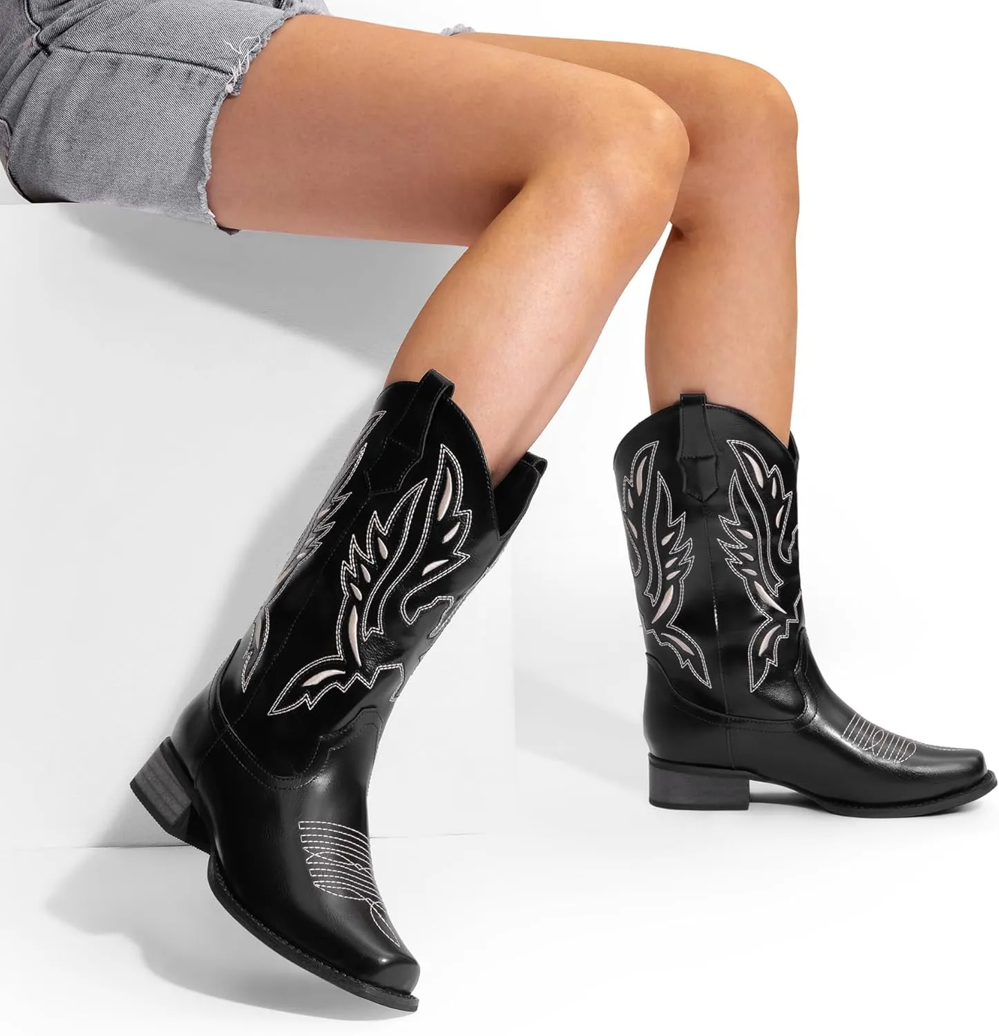 DREAM PAIRS Women's Square Toe Cowboy Cowgirl Boots Pull On Low Chunky Heel Mid Calf Western Boots with Embroidered Stitched for Theme Party Country Concert
