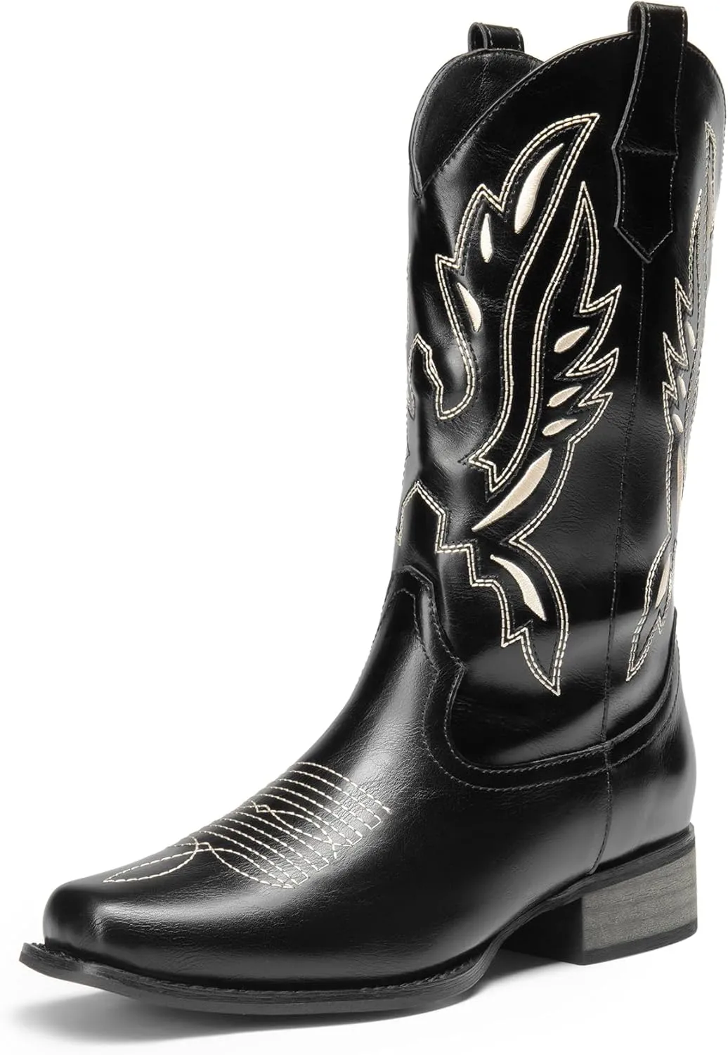DREAM PAIRS Women's Square Toe Cowboy Cowgirl Boots Pull On Low Chunky Heel Mid Calf Western Boots with Embroidered Stitched for Theme Party Country Concert
