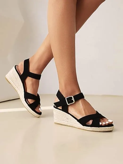 DREAMCIA Espadrilles Wedge Platform Sandals for Women Strappy Ankle Strap Buckle Open Toe Sandals Dressy Shoes Summer