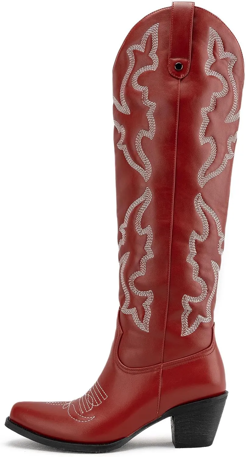 DREAMCIA Womens Embroidered Cowgirl Boots Knee High Boots With Block Heel Pointed Toe Faux Leather Shoes