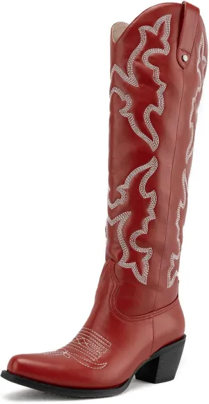 DREAMCIA Womens Embroidered Cowgirl Boots Knee High Boots With Block Heel Pointed Toe Faux Leather Shoes