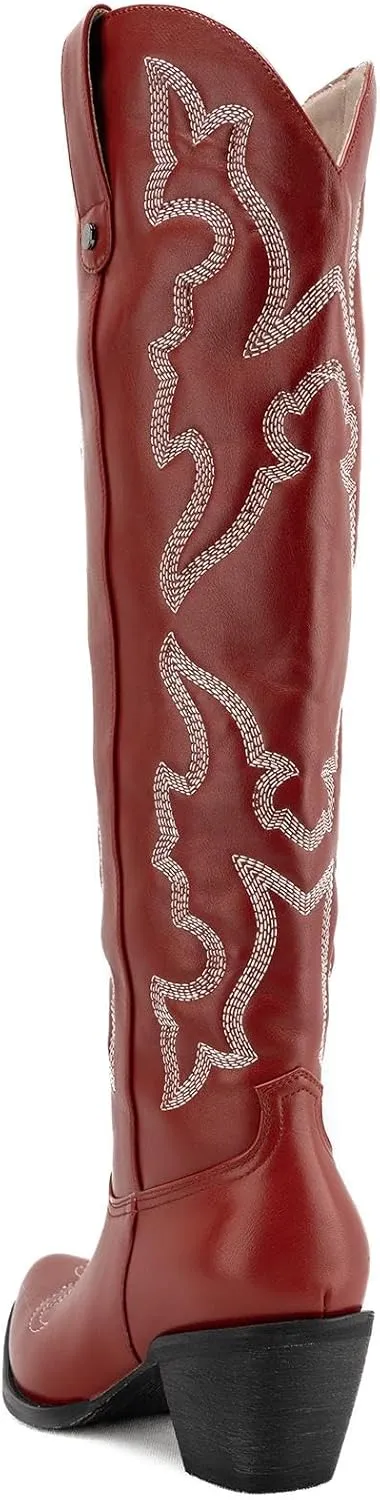 DREAMCIA Womens Embroidered Cowgirl Boots Knee High Boots With Block Heel Pointed Toe Faux Leather Shoes