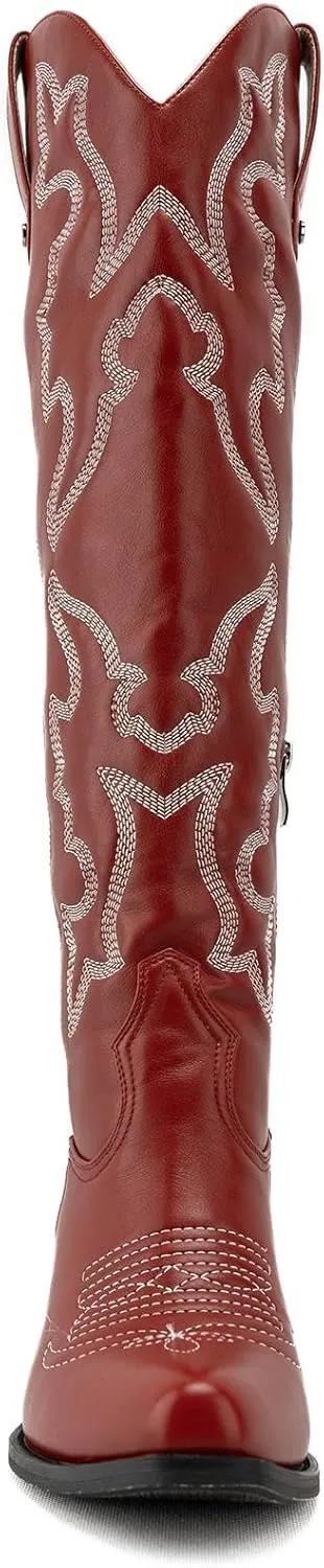 DREAMCIA Womens Embroidered Cowgirl Boots Knee High Boots With Block Heel Pointed Toe Faux Leather Shoes