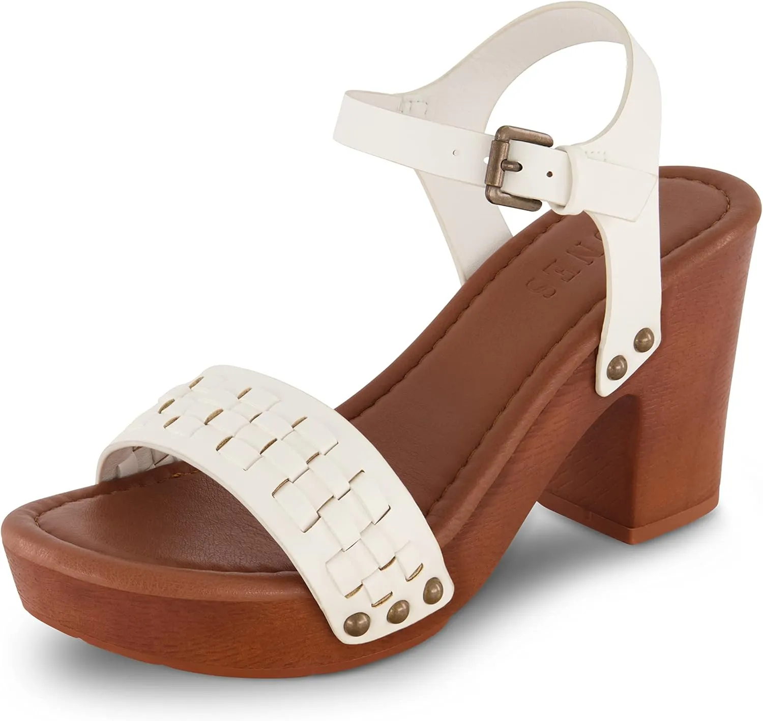 Dunes Women's Sealy Faux Wood Woven Heel Sandal  Comfort Foam & LiteSole Technology, Wide Widths Available