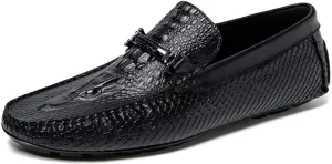 Easy to Put and Remove Loafer Shoes for Men Round Toe Faux Crocodile Print Moccasins Leather Lightweight Flexible Flat Heel Driving Slip On for All Occasions (Color : Black, Size : 6)